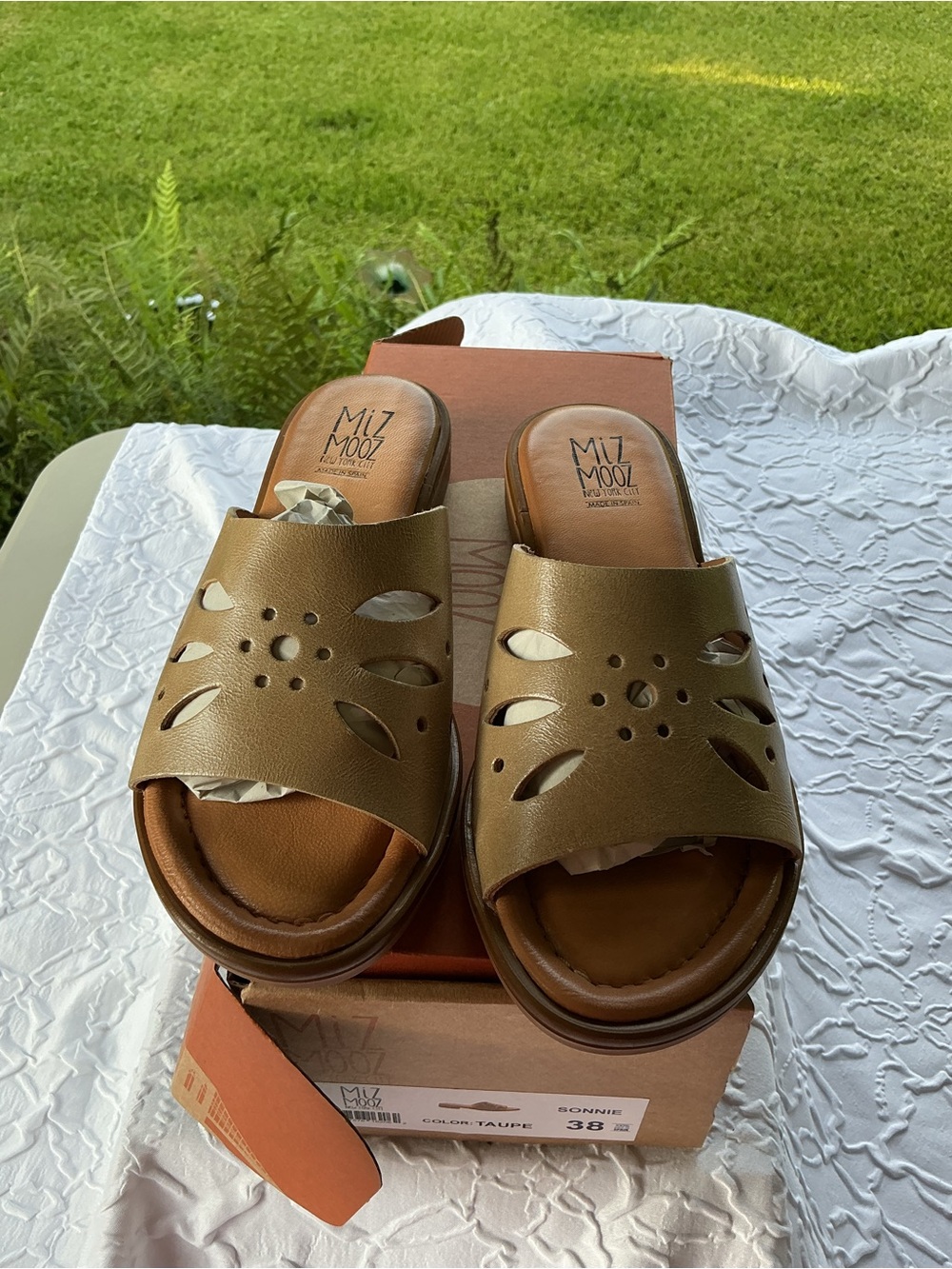Miz Mooz Taupe Metallic Cutout Slide Sandals